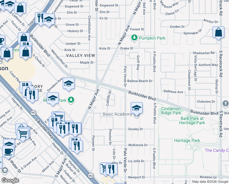 map of restaurants, bars, coffee shops, grocery stores, and more near 610 Brownlee Drive in Henderson