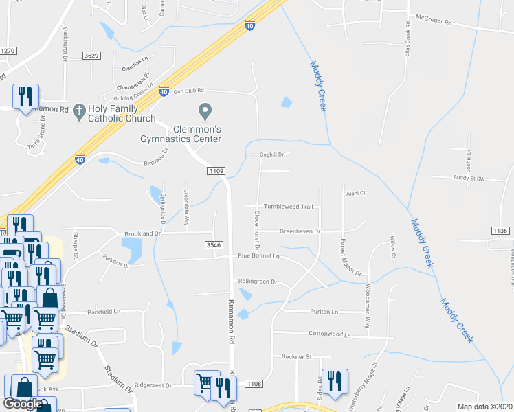 map of restaurants, bars, coffee shops, grocery stores, and more near 4751 Cloverhurst Drive in Winston-Salem