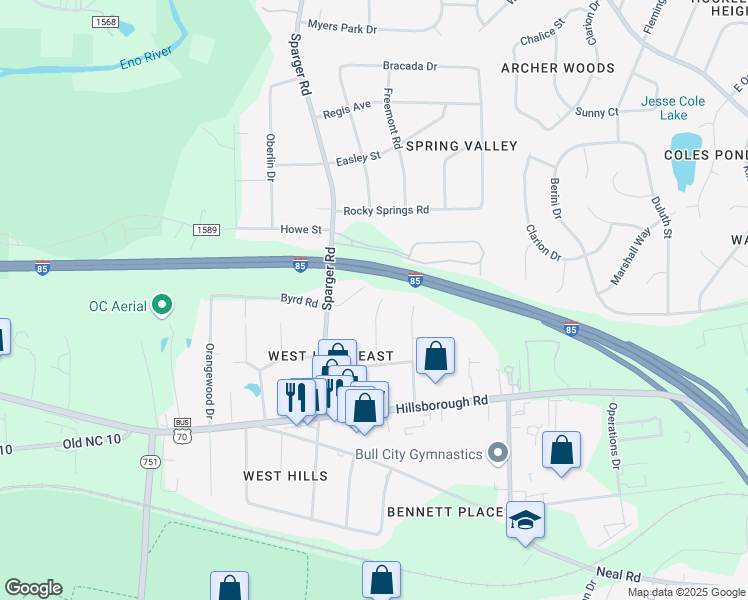 map of restaurants, bars, coffee shops, grocery stores, and more near 2204 Caroline Drive in Durham