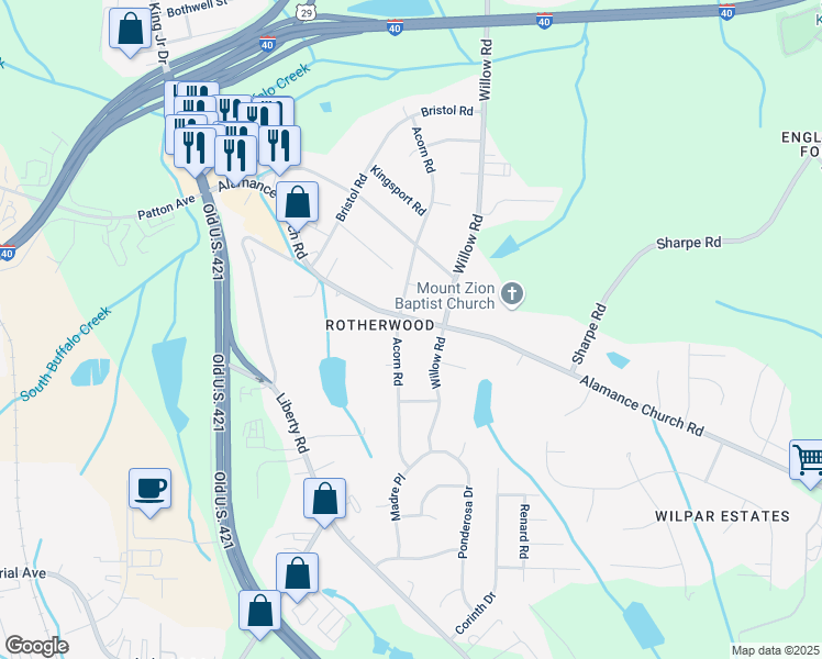 map of restaurants, bars, coffee shops, grocery stores, and more near 1202 Alamance Church Road in Greensboro