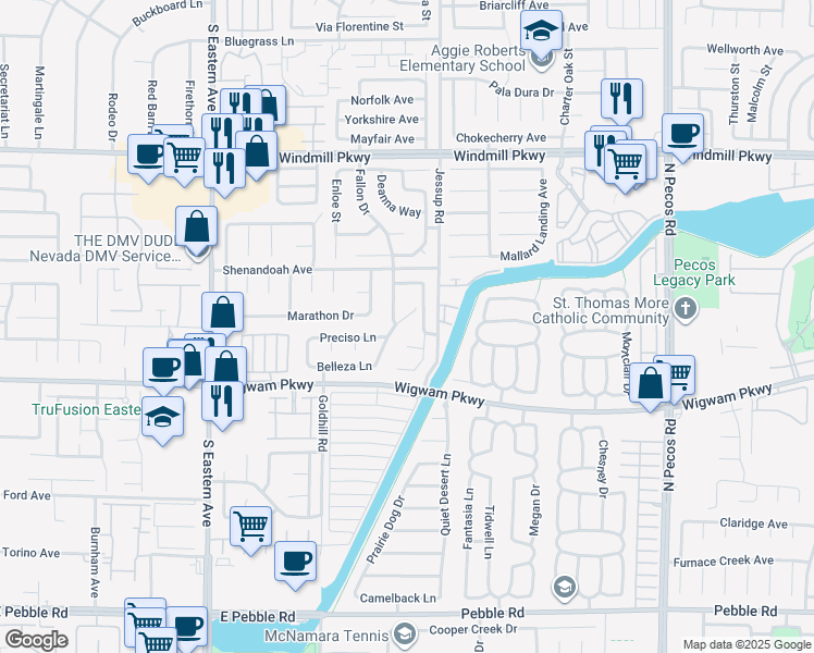 map of restaurants, bars, coffee shops, grocery stores, and more near 126 Elegante Way in Henderson