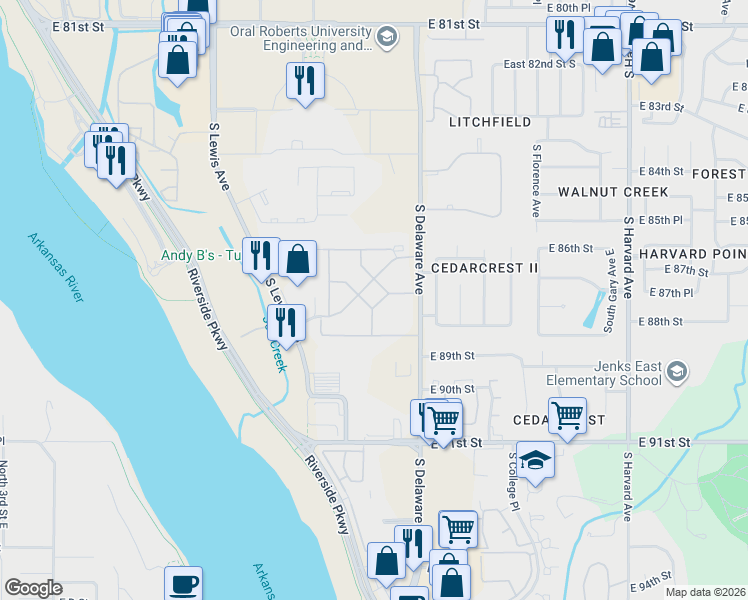 map of restaurants, bars, coffee shops, grocery stores, and more near 2630 East 88th Street in Tulsa