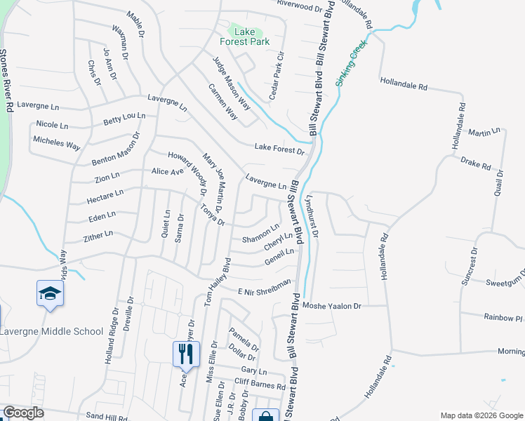 map of restaurants, bars, coffee shops, grocery stores, and more near 1119 Phelissa Drive in La Vergne