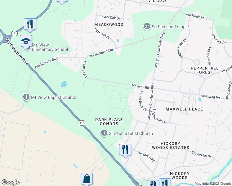map of restaurants, bars, coffee shops, grocery stores, and more near 4057 Maxwell Road in Nashville