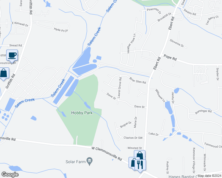 map of restaurants, bars, coffee shops, grocery stores, and more near 4012 Primrose Path in Winston-Salem