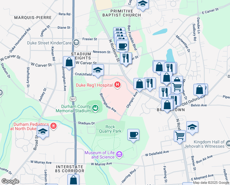 map of restaurants, bars, coffee shops, grocery stores, and more near 3643 North Roxboro Street in Durham