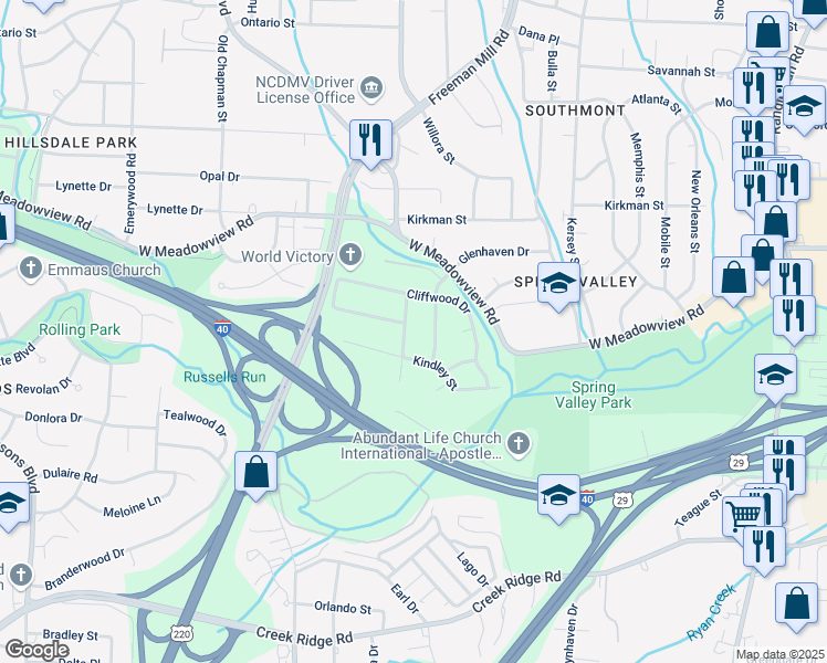 map of restaurants, bars, coffee shops, grocery stores, and more near 2907 Monterey Street in Greensboro