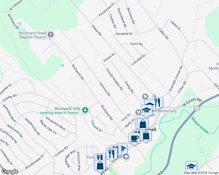 map of restaurants, bars, coffee shops, grocery stores, and more near 7933 Powell Heights Road in Powell