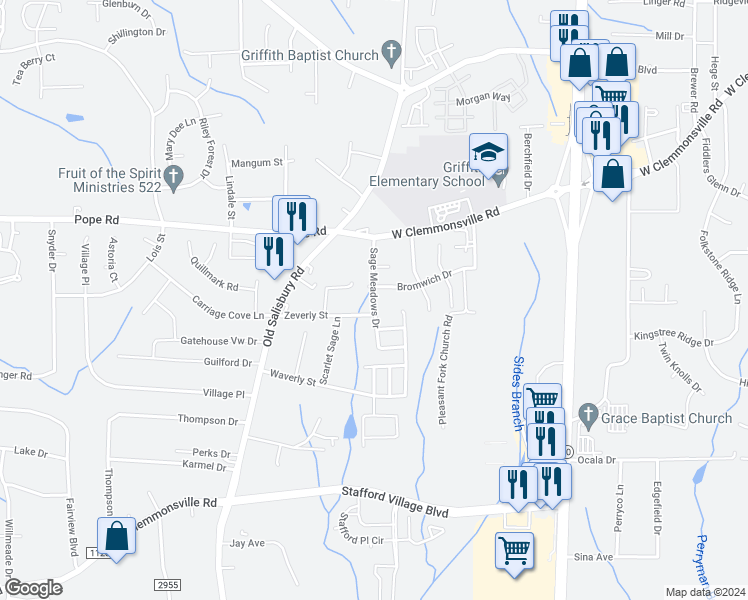 map of restaurants, bars, coffee shops, grocery stores, and more near Sage Meadows Drive in Winston-Salem