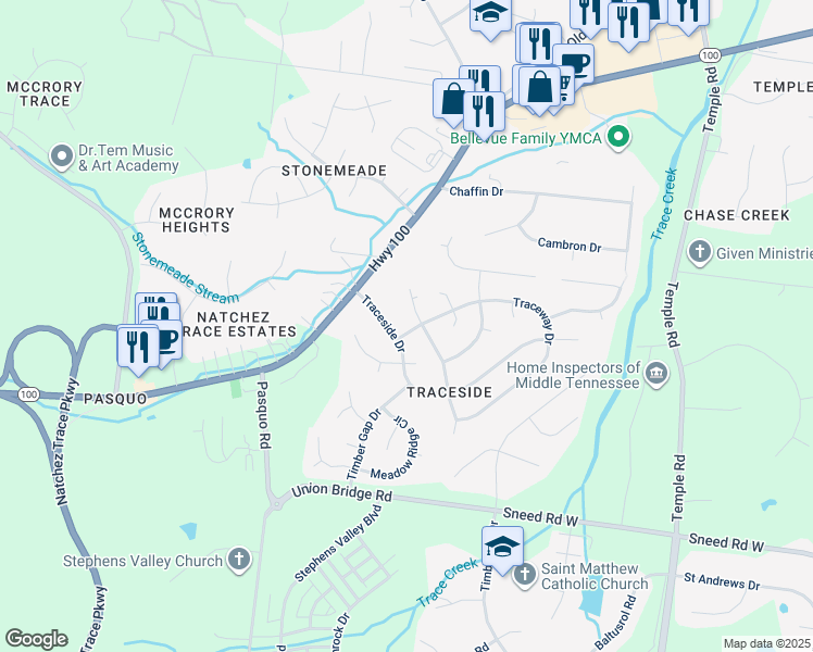 map of restaurants, bars, coffee shops, grocery stores, and more near 4805 Traceway Drive in Nashville