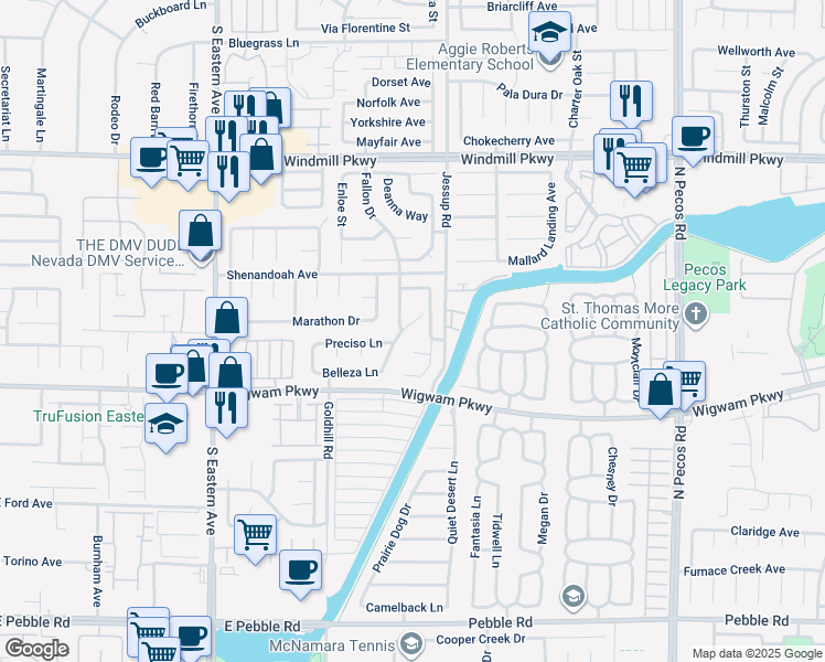 map of restaurants, bars, coffee shops, grocery stores, and more near 126 Elegante Way in Henderson