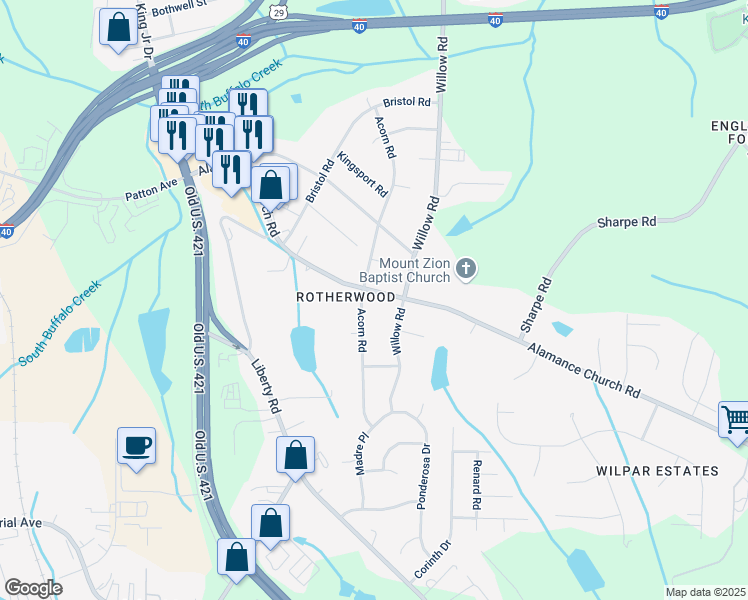 map of restaurants, bars, coffee shops, grocery stores, and more near 1202 Alamance Church Road in Greensboro