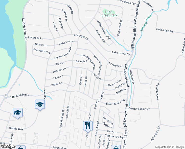 map of restaurants, bars, coffee shops, grocery stores, and more near 139 Howard Woody Drive in La Vergne