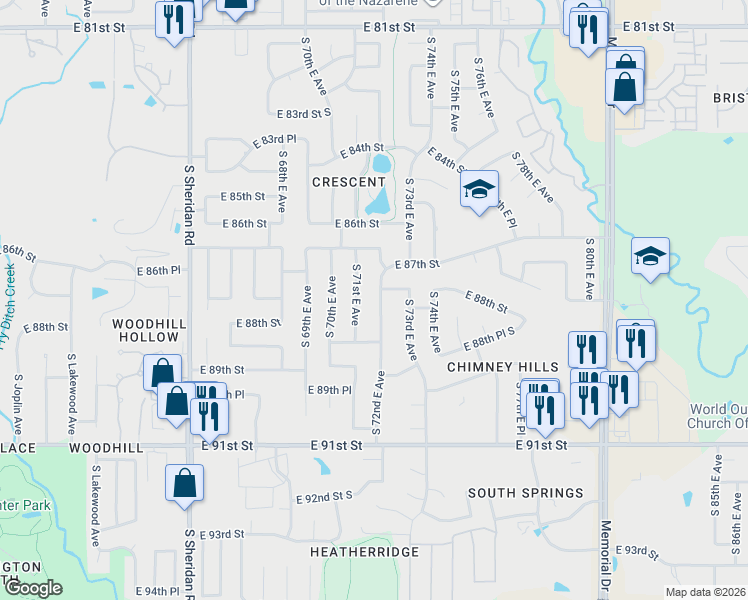 map of restaurants, bars, coffee shops, grocery stores, and more near 8710 South 72nd East Avenue in Tulsa
