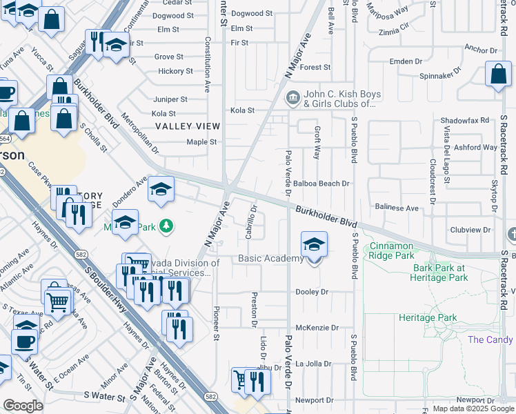 map of restaurants, bars, coffee shops, grocery stores, and more near 630 Brownlee Drive in Henderson