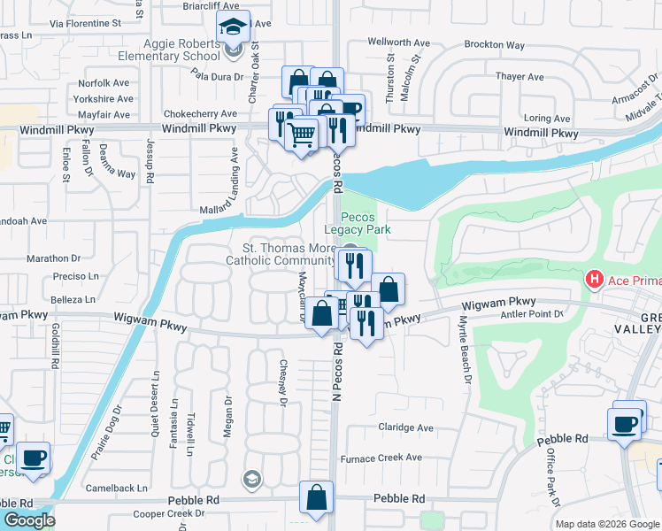 map of restaurants, bars, coffee shops, grocery stores, and more near 146 Painted Valley Street in Henderson