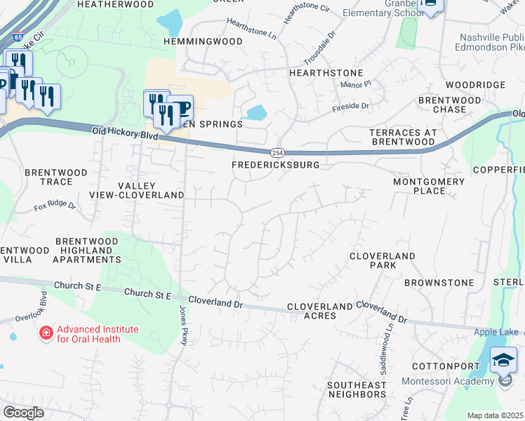 map of restaurants, bars, coffee shops, grocery stores, and more near 124 Carriage Court in Brentwood