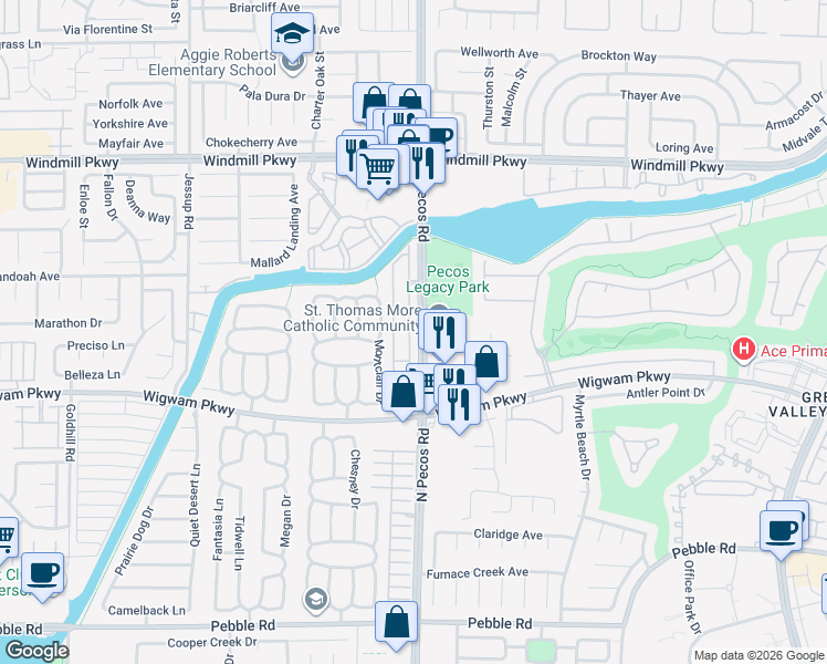 map of restaurants, bars, coffee shops, grocery stores, and more near 146 Painted Valley Street in Henderson