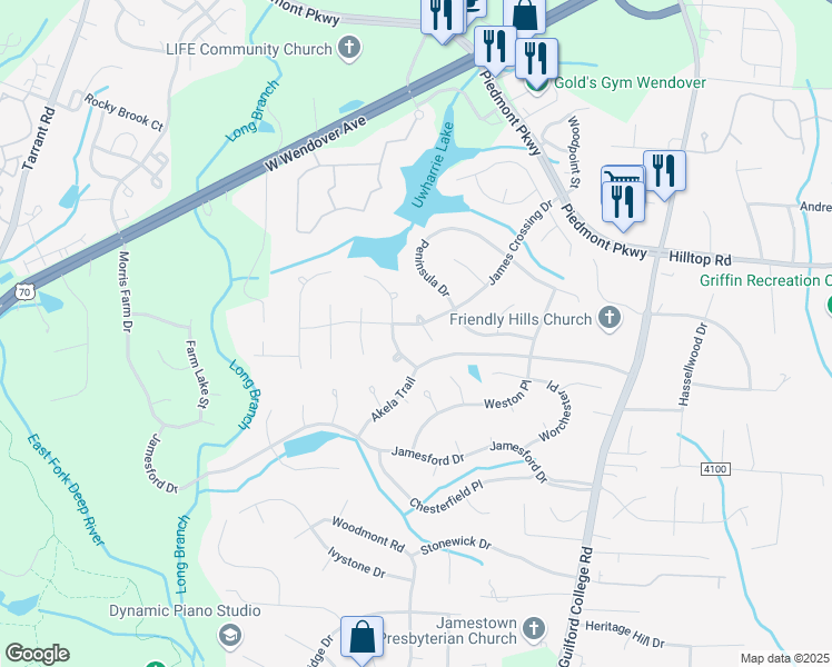 map of restaurants, bars, coffee shops, grocery stores, and more near 3007 Honor Court in Jamestown