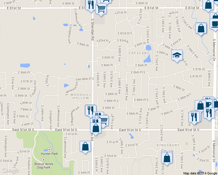 map of restaurants, bars, coffee shops, grocery stores, and more near 8628 South 66th East Avenue in Tulsa