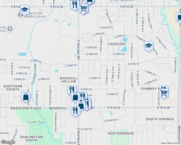 map of restaurants, bars, coffee shops, grocery stores, and more near 8628 South 66th East Avenue in Tulsa