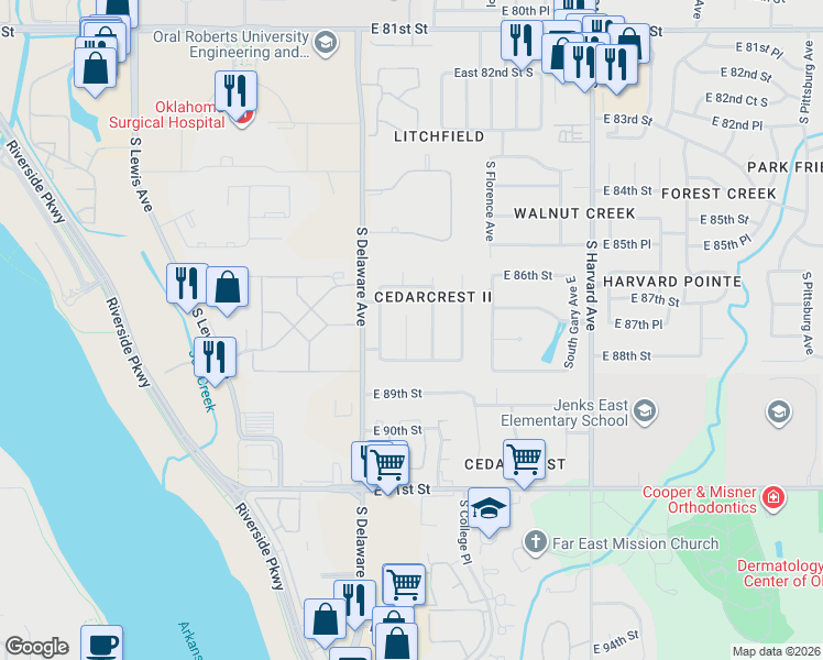 map of restaurants, bars, coffee shops, grocery stores, and more near 8710 South Evanston Avenue in Tulsa
