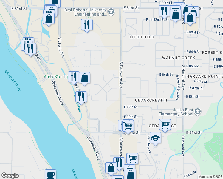 map of restaurants, bars, coffee shops, grocery stores, and more near 2702 East 88th Street in Tulsa