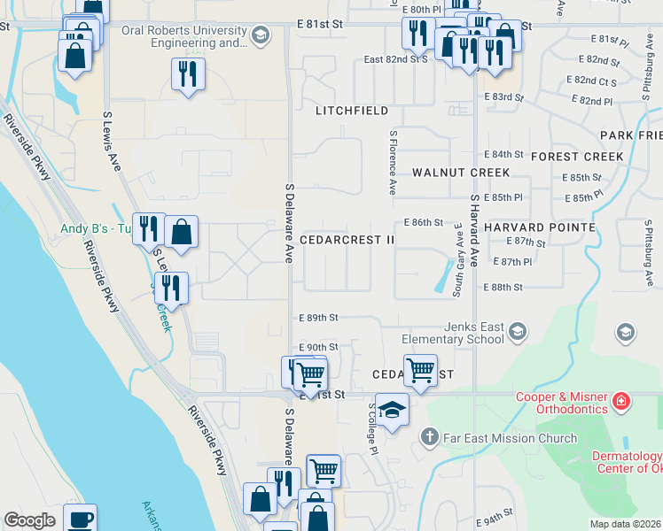 map of restaurants, bars, coffee shops, grocery stores, and more near 8710 South Evanston Avenue in Tulsa