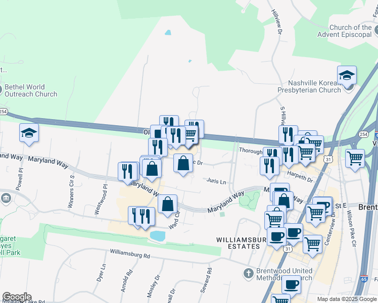 map of restaurants, bars, coffee shops, grocery stores, and more near 101 Creekside Crossing in Brentwood