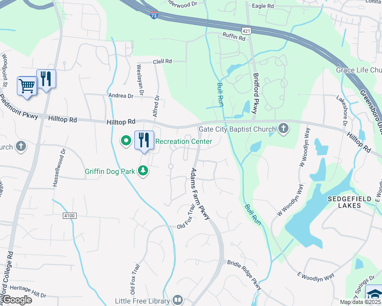map of restaurants, bars, coffee shops, grocery stores, and more near 1348 Adams Farm Parkway in Greensboro