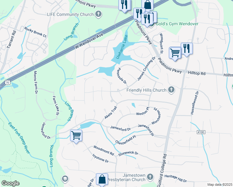 map of restaurants, bars, coffee shops, grocery stores, and more near 3007 Honor Court in Jamestown