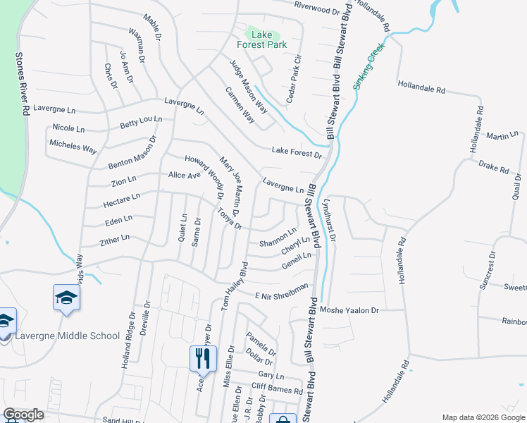 map of restaurants, bars, coffee shops, grocery stores, and more near 1136 Phelissa Drive in La Vergne