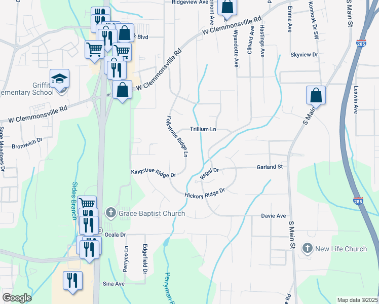 map of restaurants, bars, coffee shops, grocery stores, and more near 1134 Folkstone Ridge Lane in Winston-Salem