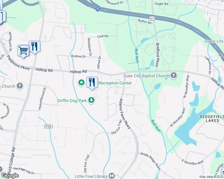 map of restaurants, bars, coffee shops, grocery stores, and more near 1348 Adams Farm Parkway in Greensboro