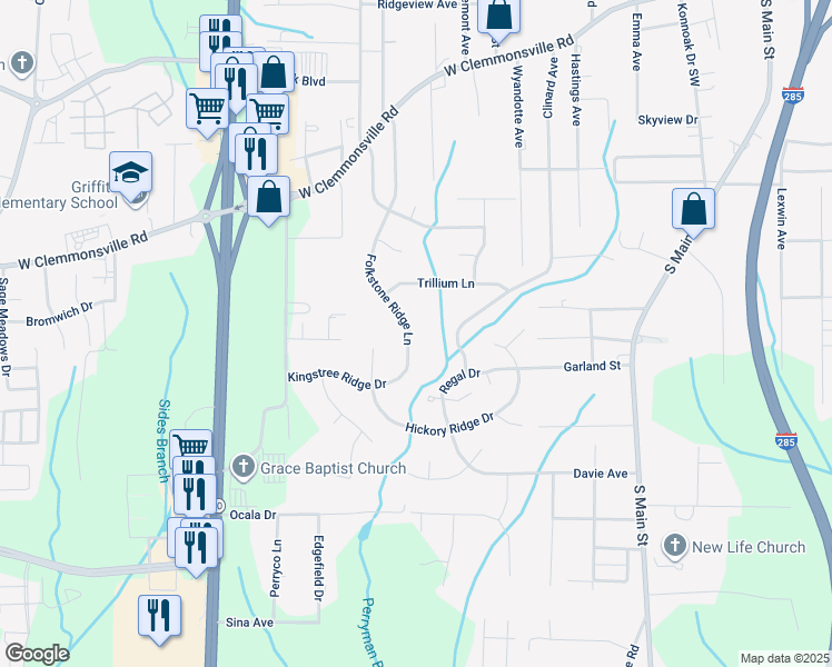 map of restaurants, bars, coffee shops, grocery stores, and more near 1134 Folkstone Ridge Lane in Winston-Salem