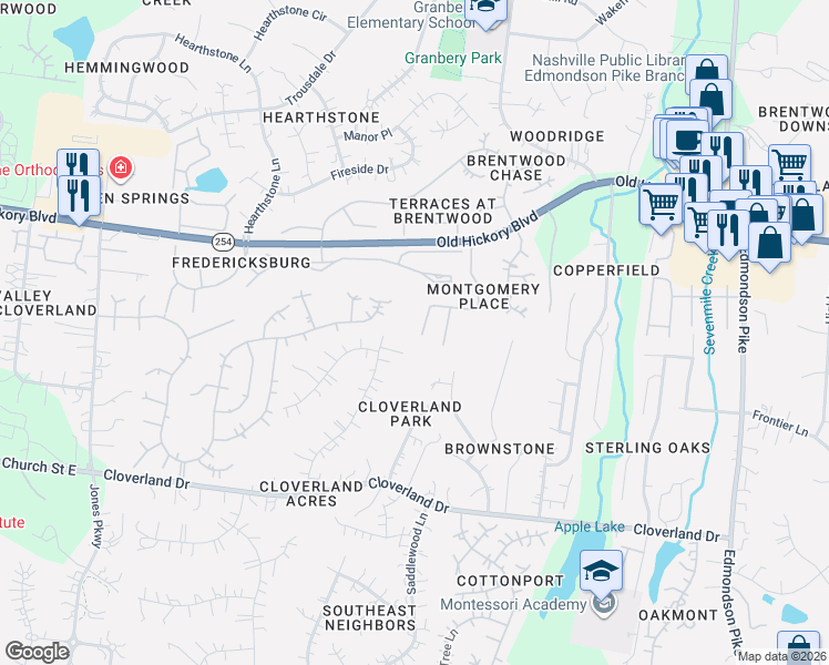 map of restaurants, bars, coffee shops, grocery stores, and more near 1016 Grove Ct in Brentwood