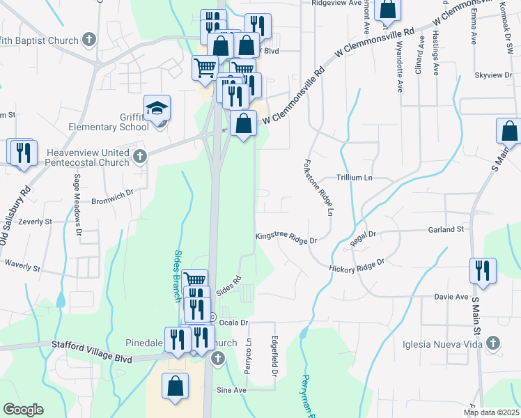 map of restaurants, bars, coffee shops, grocery stores, and more near 105 Kings Meadow Court in Winston-Salem