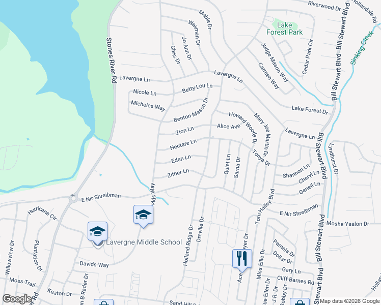 map of restaurants, bars, coffee shops, grocery stores, and more near 6021 Eden Lane in La Vergne