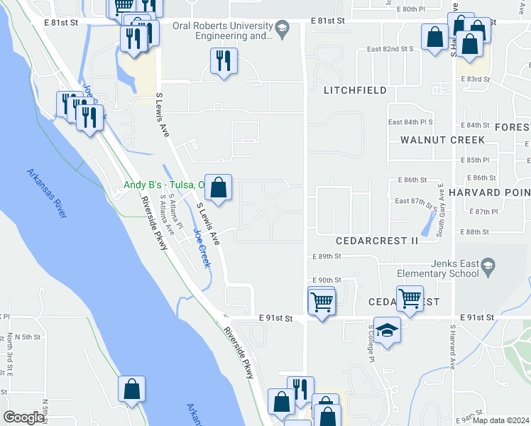 map of restaurants, bars, coffee shops, grocery stores, and more near 2602 East 88th Street in Tulsa