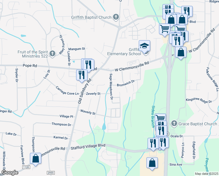 map of restaurants, bars, coffee shops, grocery stores, and more near 2115 Sage Meadows Drive in Winston-Salem