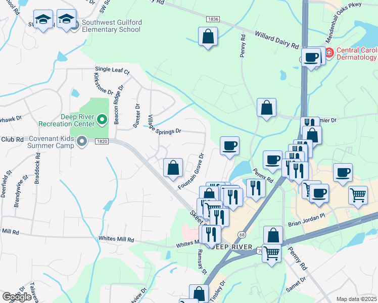 map of restaurants, bars, coffee shops, grocery stores, and more near 3957 Fountain Village Lane in High Point