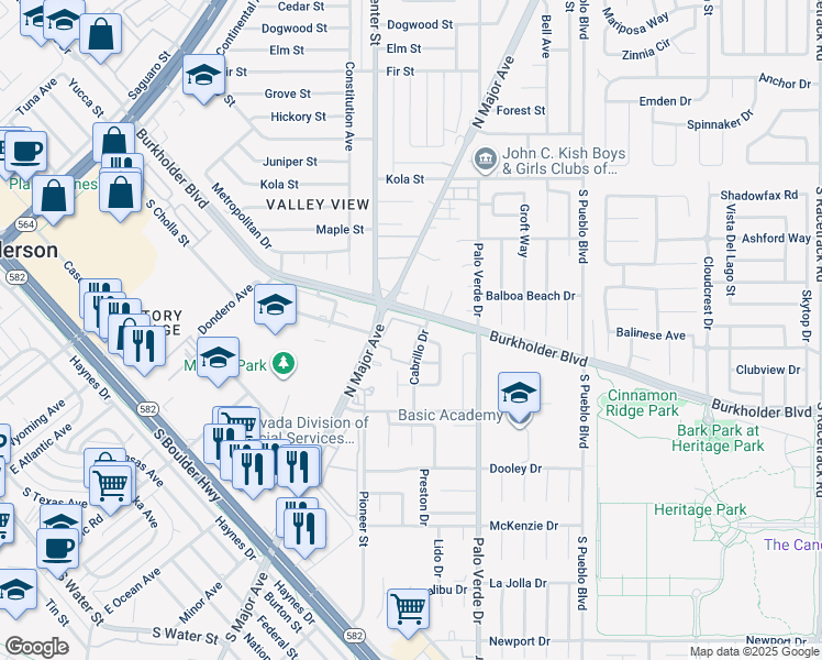 map of restaurants, bars, coffee shops, grocery stores, and more near 601 Cabrillo Circle in Henderson