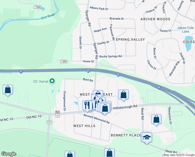 map of restaurants, bars, coffee shops, grocery stores, and more near 2426 Sparger Road in Durham