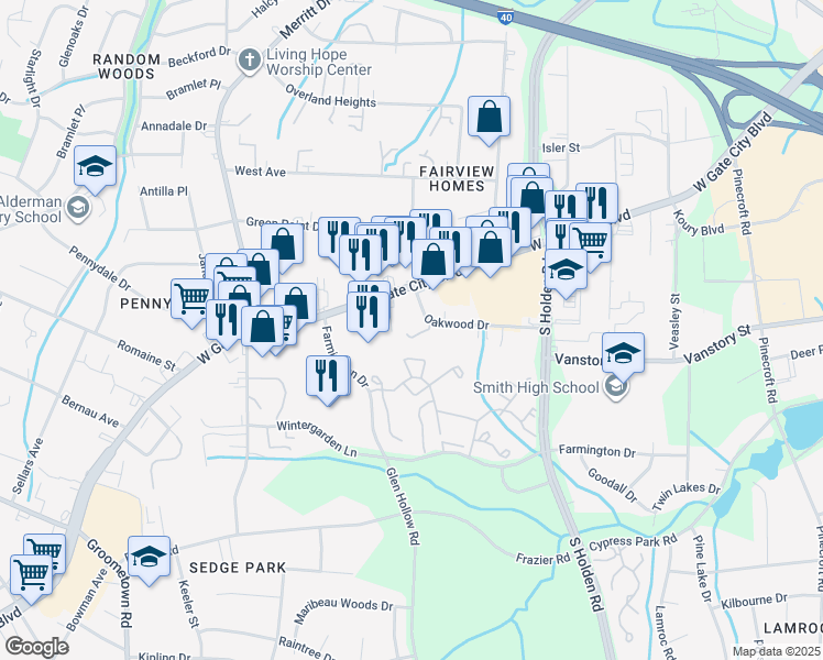 map of restaurants, bars, coffee shops, grocery stores, and more near 3815 West Gate City Boulevard in Greensboro