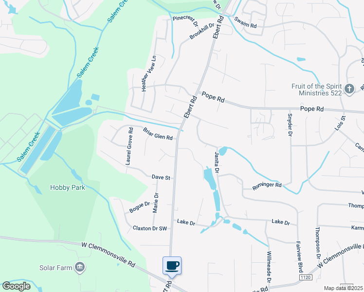map of restaurants, bars, coffee shops, grocery stores, and more near 3859 Ebert Road in Winston-Salem