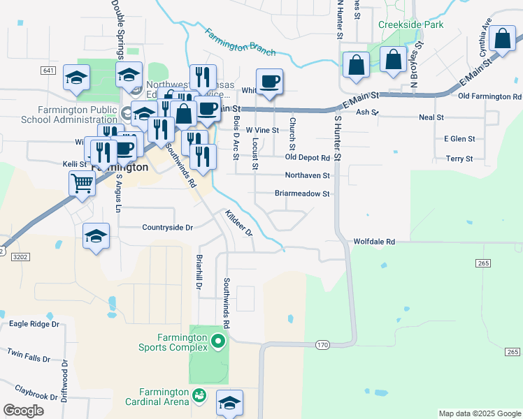 map of restaurants, bars, coffee shops, grocery stores, and more near 95 Briarmeadow Street in Farmington