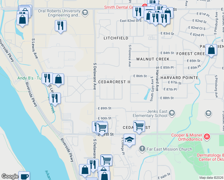 map of restaurants, bars, coffee shops, grocery stores, and more near 8725 South College Avenue East in Tulsa