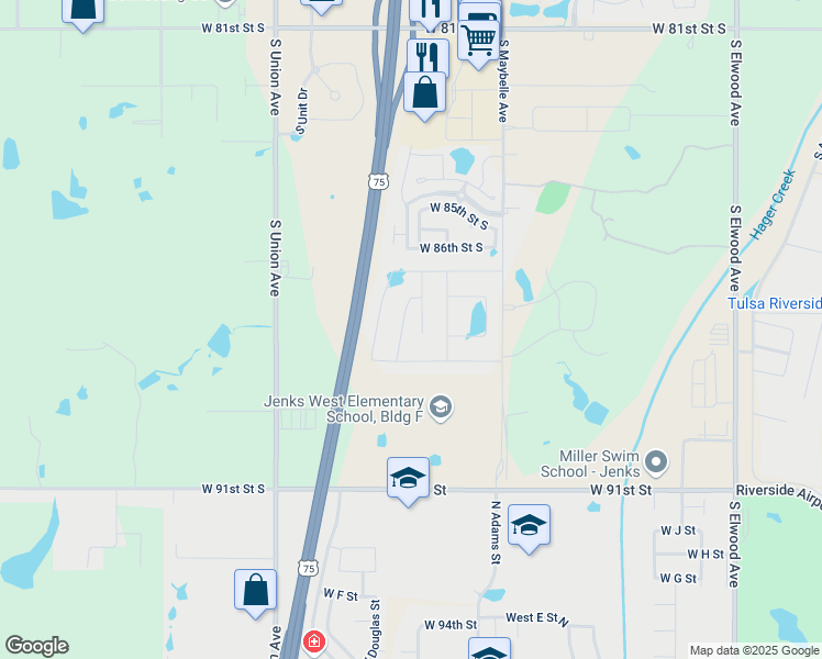 map of restaurants, bars, coffee shops, grocery stores, and more near 8711 South Phoenix Place in Tulsa