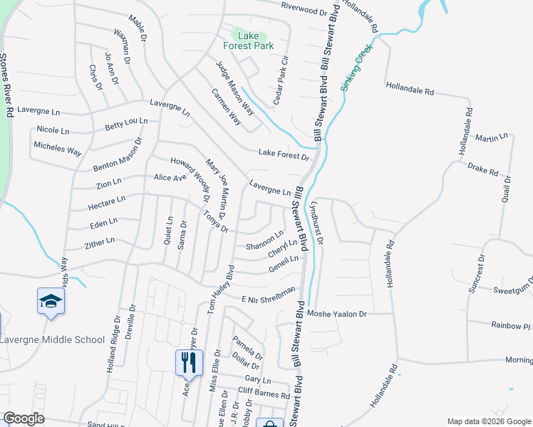 map of restaurants, bars, coffee shops, grocery stores, and more near 1306 Tonya Drive in La Vergne