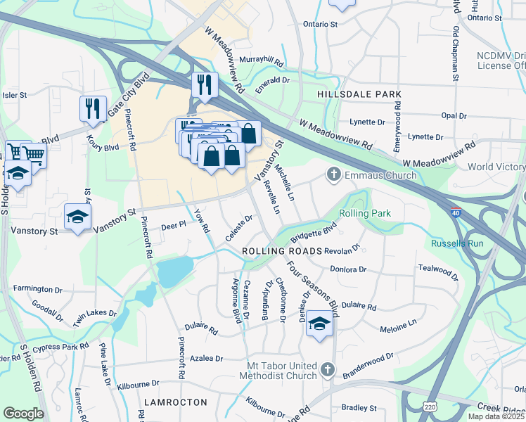 map of restaurants, bars, coffee shops, grocery stores, and more near 2301 4 Seasons Boulevard in Greensboro
